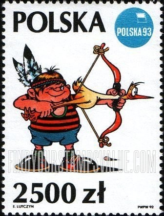 FindYourStampsValue: Illustrations by Edward Lutczyn: Boy using bird as arrow