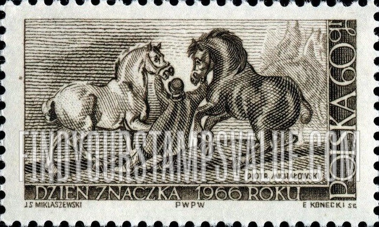FindYourStampsValue: Stableman with Percherons, by Piotr Michalowski
