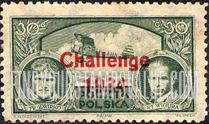 FindYourStampsValue: AIR POST - Captain Franciszek Zwirko and Stanislaus Wigura: Overprinted in Red