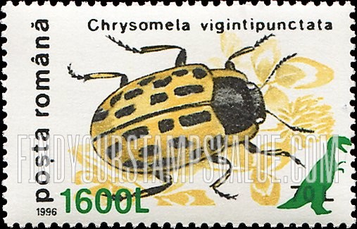 FindYourStampsValue: Insects - Chrysomela vigintipunctata: Surcharged in Green
