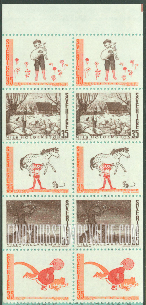 FindYourStampsValue: Pelle’s New Suit, The Adventures of Nils, Pippi Longstocking (little girl, horse and monkey), Vill-Vallareman (boy blowing horn), Kattresan (child riding on back of cat)
