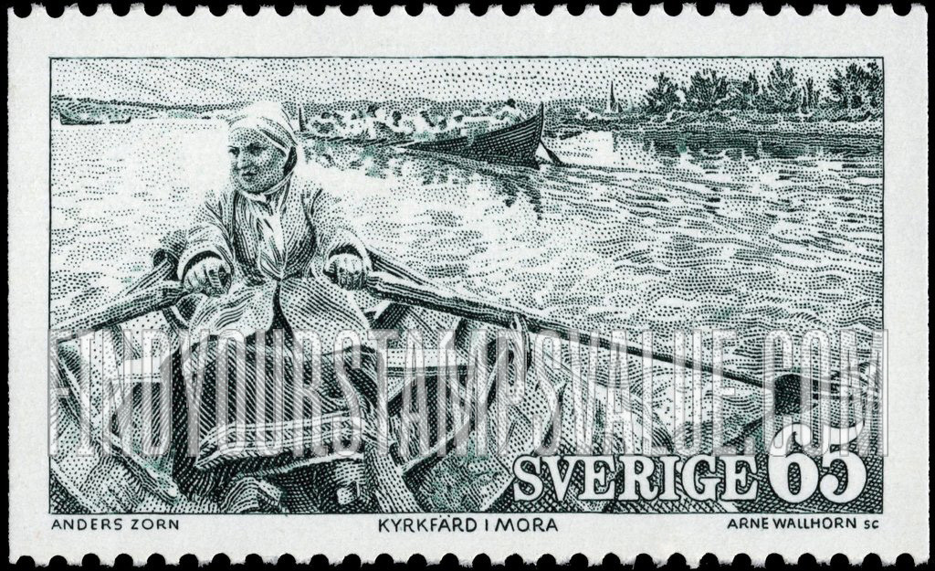FindYourStampsValue: “Going to Church in Mora” (church boats), by Anders Zorn