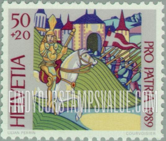 FindYourStampsValue: Semi-Postal, 700 Years of Art and Culture, Illuminations in Zurich Central, Bern Burgher and Lucerne Central libraries: Captain Adrian von Bubenberg and troops passing through Murten town gate, 1476, Bern Chronicle, by Diebold Schilling, 1483