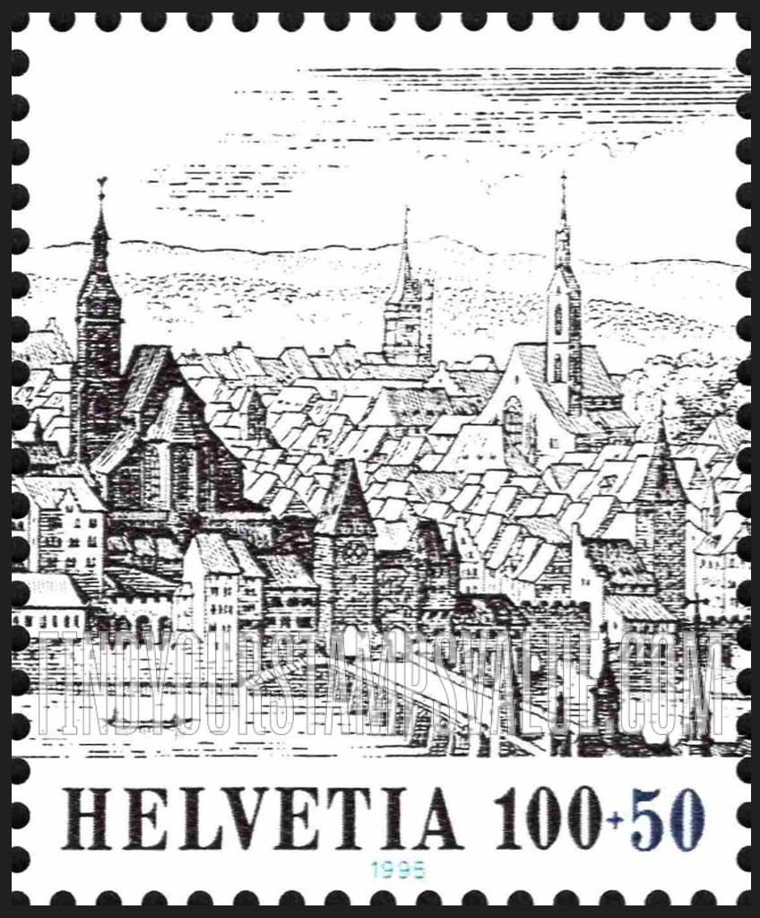FindYourStampsValue: Semi-Postal, Basler Taube ’95 Philatelic Exhibition, Basel, Engraved panorama of Basel, by Matthaus Merian, 17th centenary: Buildings, bridge