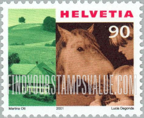 FindYourStampsValue: Federal Administration: Farm house, Willisau, people feeding horse
