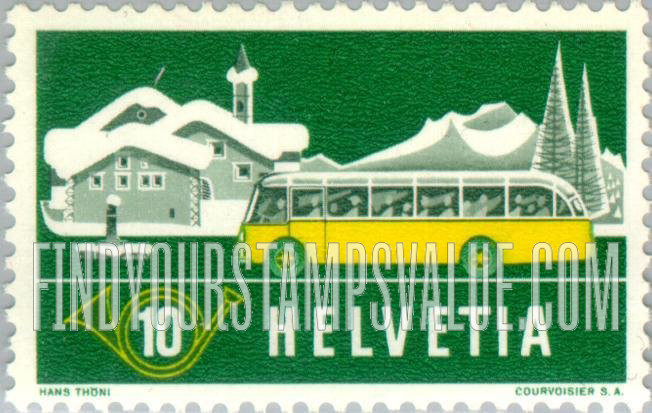 FindYourStampsValue: Federal Administration: Alpine Post Bus, Winter Background