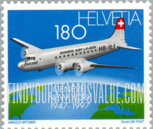 FindYourStampsValue: Federal Administration: Swiss Air’s North Atlantic Service, 50th Anniversary