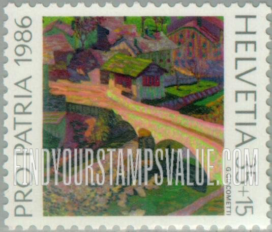 FindYourStampsValue: Semi-Postal, Paintings in National Museums, Swiss art: Bridge in the Sun, 1907, by Giovanni Giacometti (1868-1933)