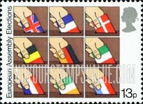FindYourStampsValue: Great Britain (United Kingdom): European Parliament, First Direct Elections - Flags of Member Nations as Ballots