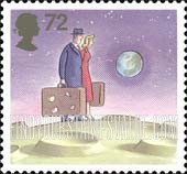 FindYourStampsValue: Great Britain (United Kingdom): World of Invention - Man and Woman Travelers on crated Planet