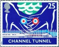 FindYourStampsValue: Great Britain (United Kingdom): Opening of Channel Tunnel - Joined Hands above speeding Train
