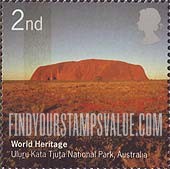 FindYourStampsValue: Great Britain (United Kingdom): UNESCO World Heritage Sites in Great Britain and Australia - Ayers Rock, Uluru-Kata Tjuta National Park, Australia