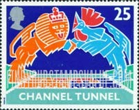 FindYourStampsValue: Great Britain (United Kingdom): Opening of Channel Tunnel - British Lion, French Rooster, meeting over Channel