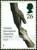 FindYourStampsValue: Great Britain (United Kingdom): National Health Service, 50th Anniversary - Adult Hand clasping Child's, "1,700,000 Prescriptions dispensed Every Day"