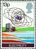 FindYourStampsValue: Great Britain (United Kingdom): Great Britain's Wealth of Energy Resources - Electricity-producing Nuclear Power Plant and Uranium Atom Diagram