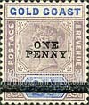 FindYourStampsValue: Gold Coast: Queen Victoria - Two Pence Half Penny Surcharged "One Penny" in Black