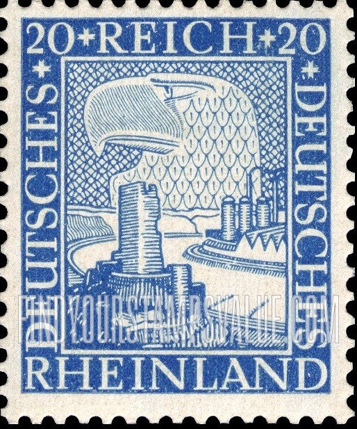 FindYourStampsValue: 1000 Years' Union of the Rhineland with Germany - German Eagle watching Rhine Valley