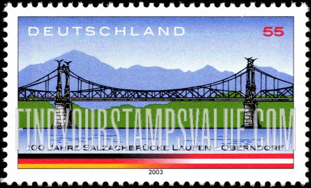 FindYourStampsValue: Salzach River Bridge, Laufen, Germany - Oberndorf, Austria, Centennial