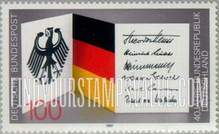 FindYourStampsValue: Federal Republic of Germany, 40th Anniversary: National crest, flag, presidents’ signatures