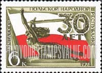 FindYourStampsValue: Russia: USSR, 30th Anniversary of Polish People's Republic - Nike Monument, Warsaw, and Polish Flag