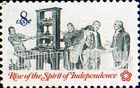 FindYourStampsValue: AMERICAN BICENTENNIAL - Printer & Patriot examining Pamphlet