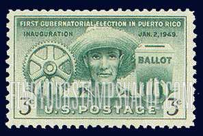 FindYourStampsValue: PUERTO RICO ELECTION - Puerto Rican Farmer holding Cogwheel and Ballot Box