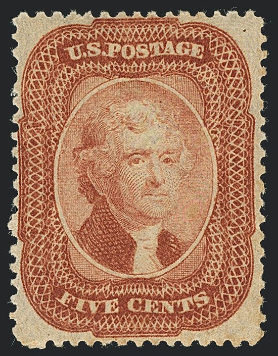 A US Thomas Jefferson 1858 5c brick red stamp is expected to sell for up to US$80,000