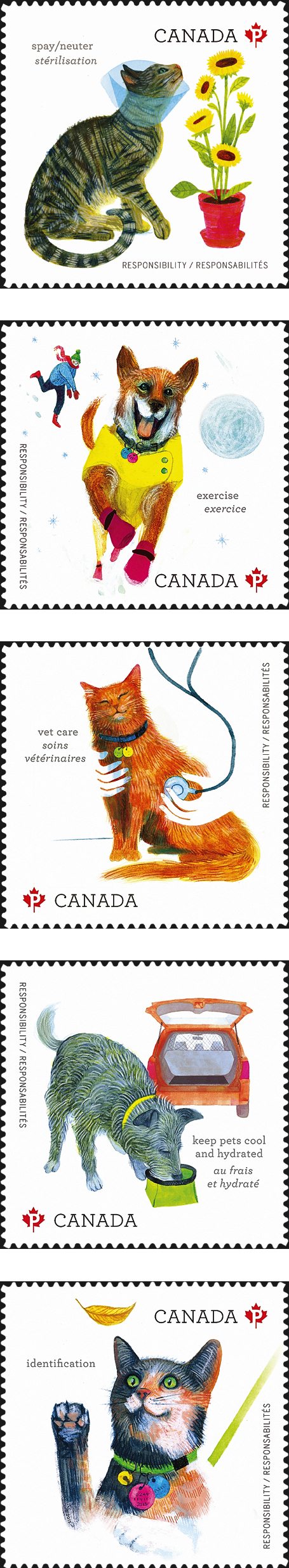 New Canadian stamps promoting the awareness of responsible pet ownership