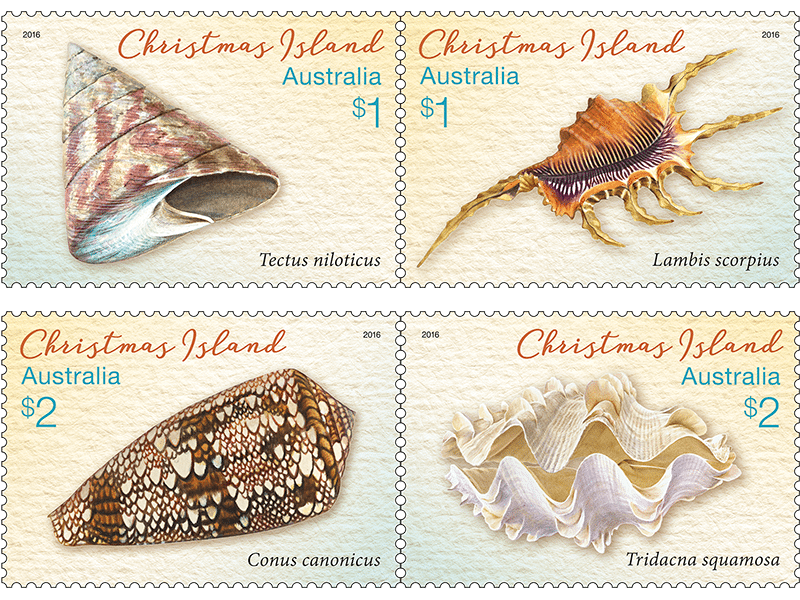 Beautiful sea shells washed up on the beaches. Four nice stamps introduced by Australia Post