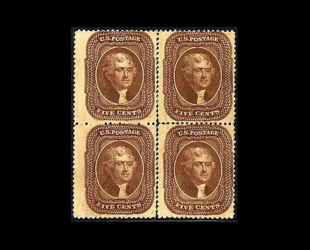 1856 5c Jefferson block will be sold at Siegel. It is valued at around US$45,000