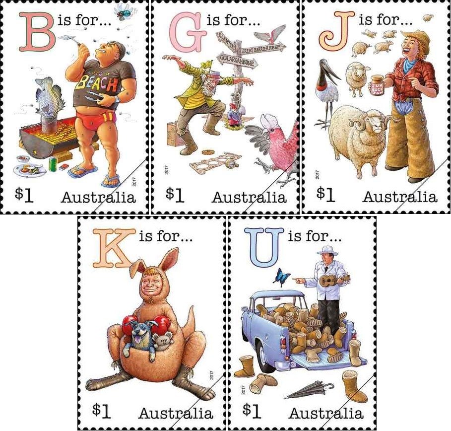 Australia Post celebrates Fair Dinkum Aussie Alphabet with its third issue. 5 bright and humorous stamps continue a famous series
