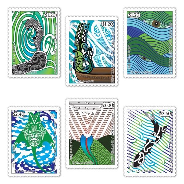 Maui goes fishing and pulls an island. Six mythical stamps presented by New Zealand Post