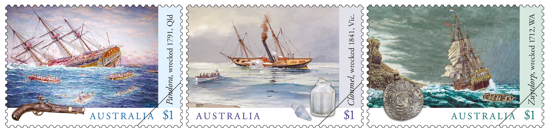 The most famous Australian shipwrecks depicted on stamps. 3 special items introduced by Australia Post