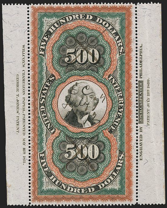 US$500 Revenue stamp to make US$17,500. The highlight of the next Robert A Siegel auction to your attention