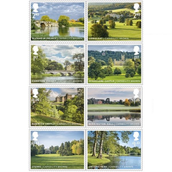 300 years since birth of gardening great Capability Brown. Eight stamps introduced by Royal Mail