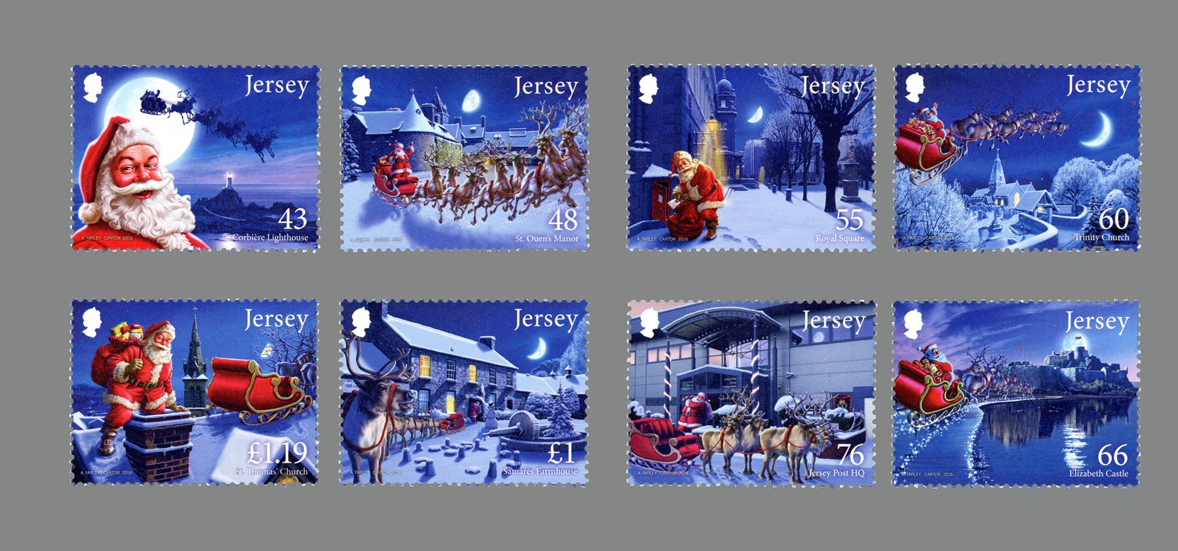 Father Christmas' flying visit to Jersey. Eight special festive stamps introduced by Jersey Post