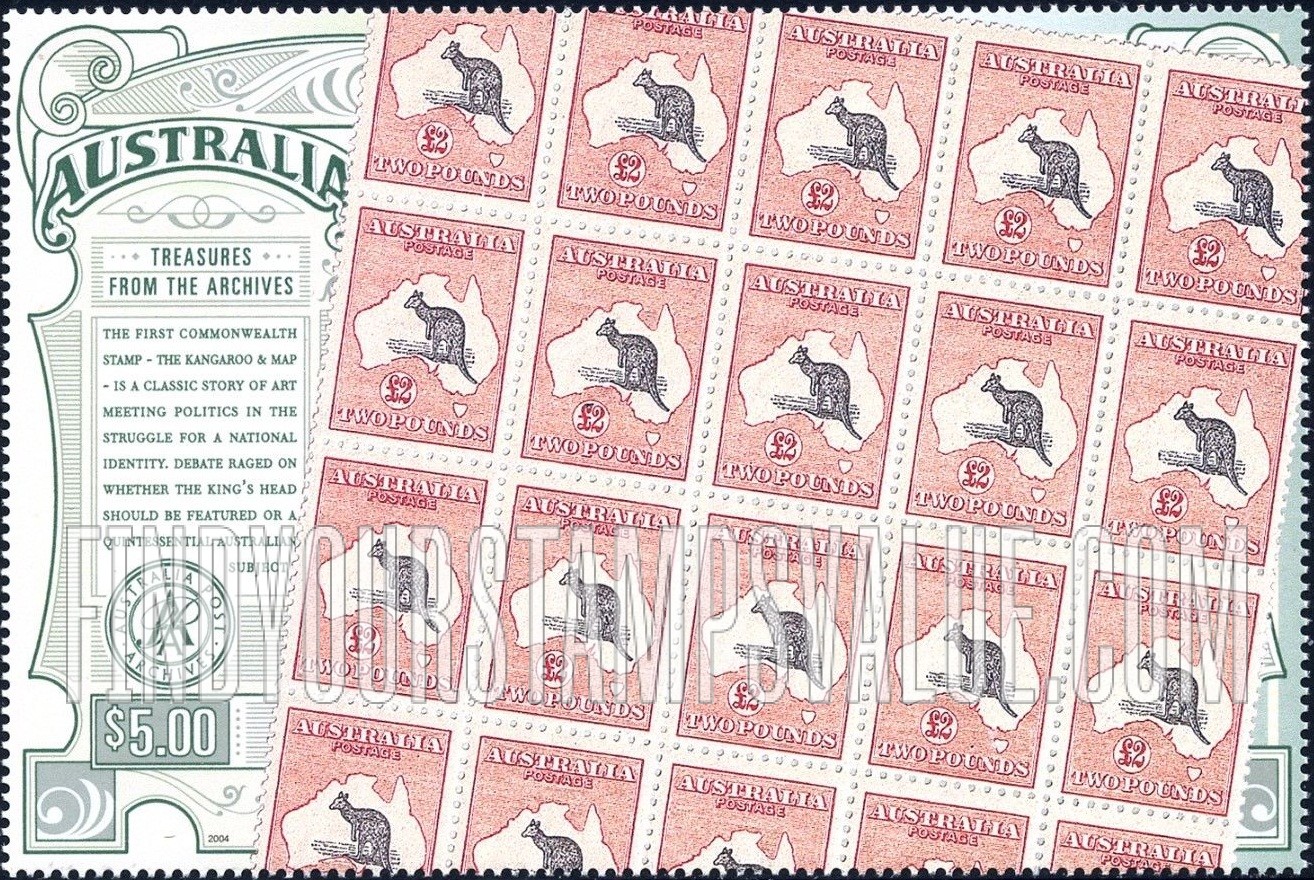FindYourStampsValue: Block of £2 Kangaroo & Map Stamps from Australia Post Archives