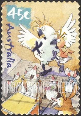 FindYourStampsValue: Caricatures of Australian Wildlife by Roland Harvey: Bilby and antechinus musicians, dancing cockatoo