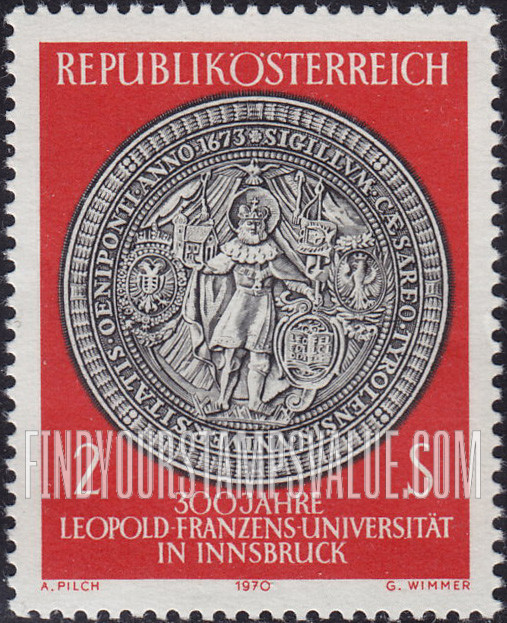 FindYourStampsValue: Leopold Franzens University, Innsbruck, 300th Anniversary: St. Leopold on oldest seal of Innsbruck University