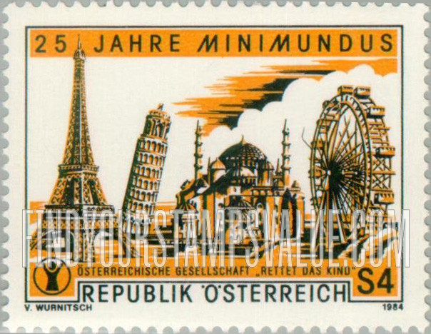 FindYourStampsValue: 25th Anniversary of Minimundus (Model City): Eiffel Tower, Tower of Pisa, ferris wheel