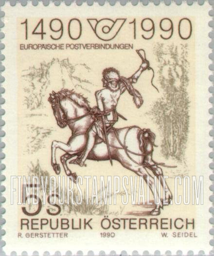 FindYourStampsValue: Postal Communications in Europe, 500th Anniversary: The Young Post Rider, an Engraving by Albrecht Durer