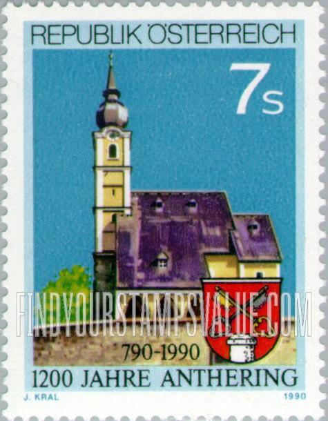 FindYourStampsValue: Anthering, 1200th Anniversary: Church and municipal arms