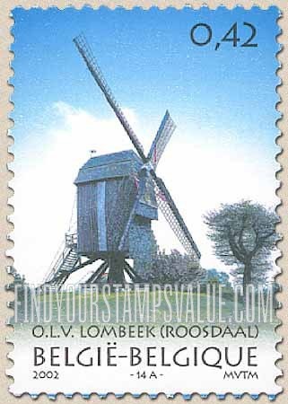 FindYourStampsValue: Windmills: Onze-Lieve-Vrouw-Lombeek windmill, Belgium
