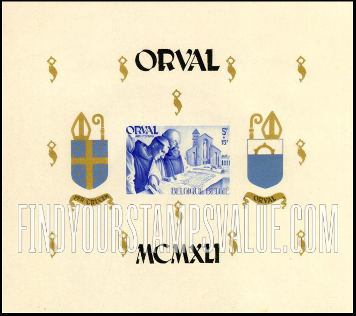 FindYourStampsValue: Semi-Postal: Monks Studying Plans of Orval Abbey