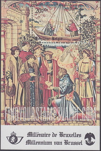 FindYourStampsValue: Semi-Postal, Details from Tapestries, 1516-1518, Showing Legend of Our Lady of Sand: Ship carrying Beatrice Soetkens with statue to Brussels