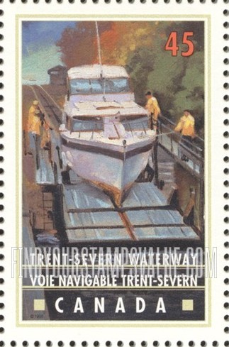 FindYourStampsValue: Canals of Canada: Boat on Big Chute Marine Railway, Trent-Severn Waterway