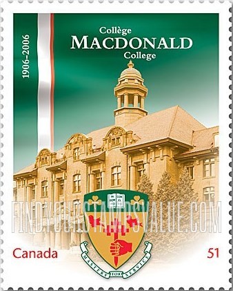 FindYourStampsValue: Macdonald College, Sainte-Anne de-Bellevue, Quebec, centennial