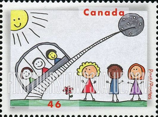 FindYourStampsValue: Stampin’ the Future Children's StampDesign Contest Winners: Three children in space vehicle, three children on ground, by Sarah Lutgen