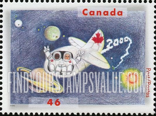 FindYourStampsValue: Stampin’ the Future Children's StampDesign Contest Winners: Two astronauts in space vehicle, planets, by Andrew Wright