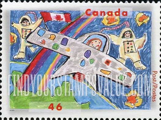 FindYourStampsValue: Stampin’ the Future Children's StampDesign Contest Winners: Rainbow, space vehicle, book, astronauts, flag, by Rosalie Anne Nardelli